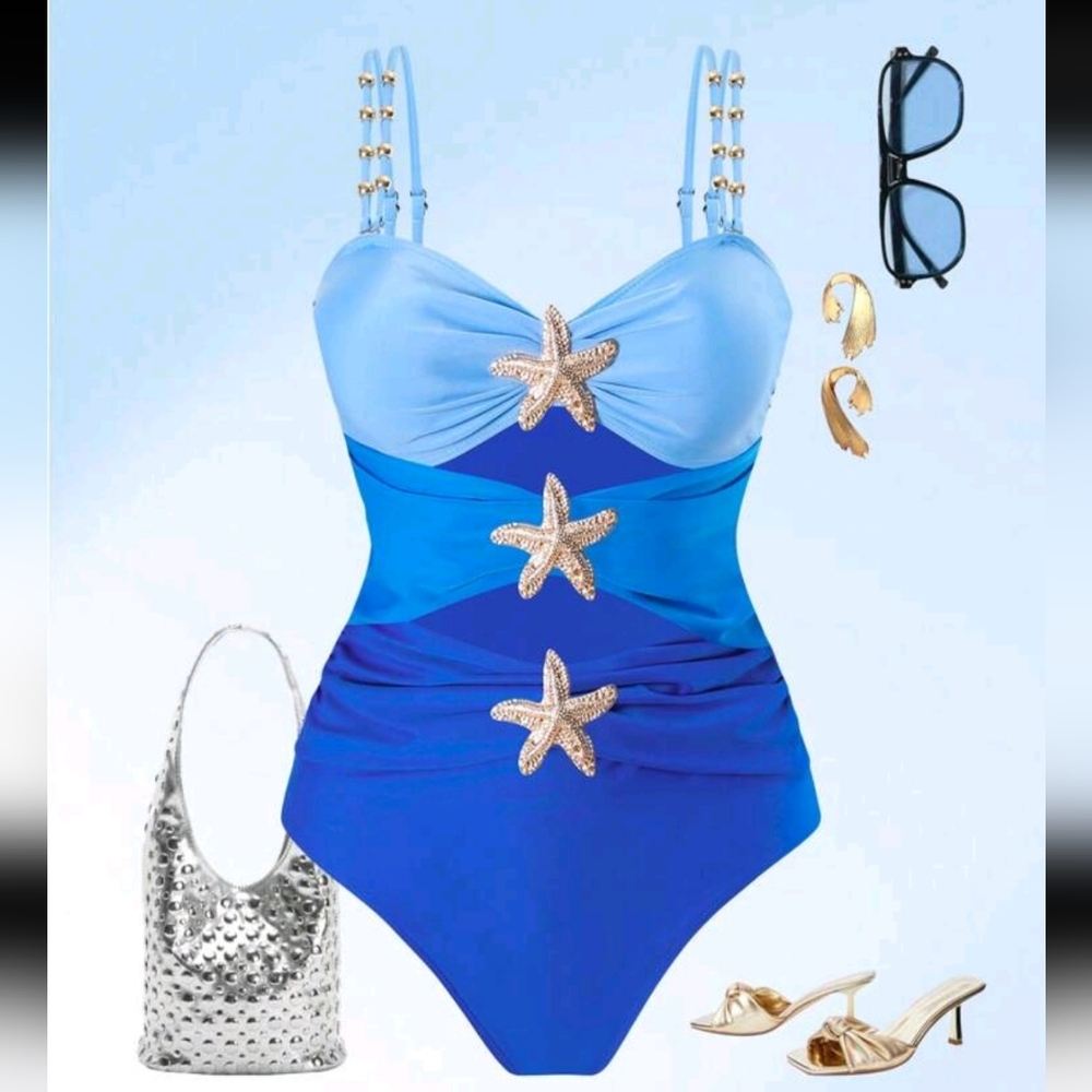 Royal Blue Ombre Starfish Embellished Swimsuit Size XL